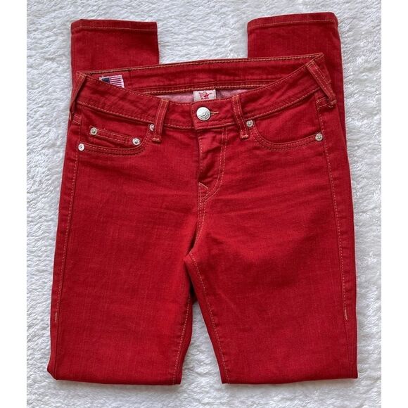 True Religion Halle Phantom American Flag Logo Tomato Red Skinny Jeans, Size 27 - Picture 6 of 16